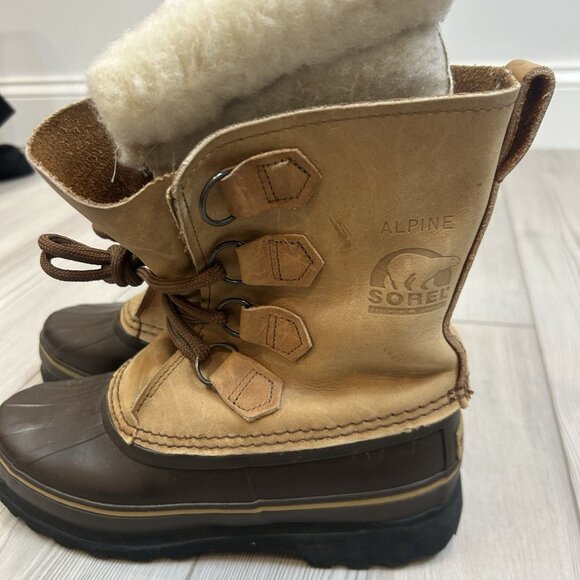 Sorel Alpine Winter Boots Women's Sz 6 Tan Leather Lace Up Insulated Snow Lined - Picture 3 of 11